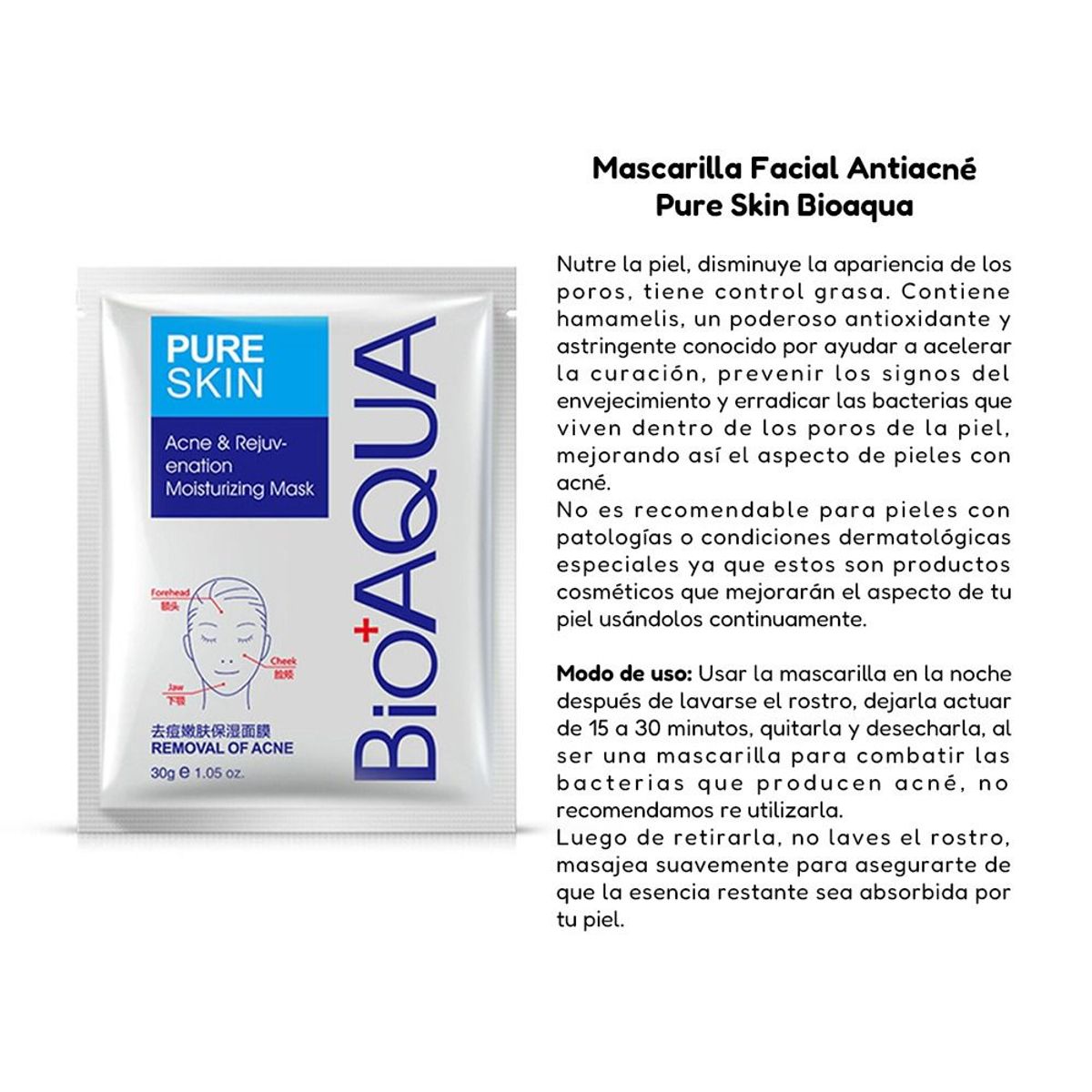 BIOAQUA - Mascarilla Facial Anti-Acne Pure Skin - Bioaqua 30gr x 10
