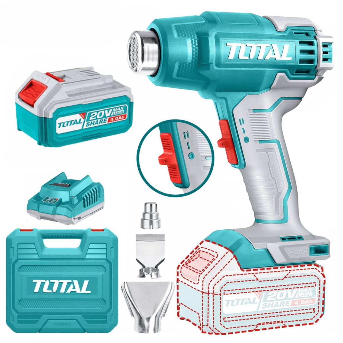 TOTAL TOOLS - Pistola de calor 20v Inalambrica bateria 4Ah Total