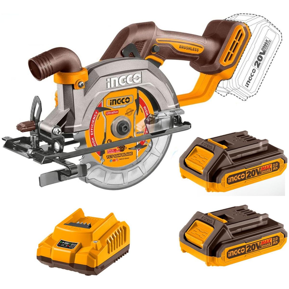 INGCO - Sierra circular 20v 140 mm Brushless + 2 baterias y cargador Ingco