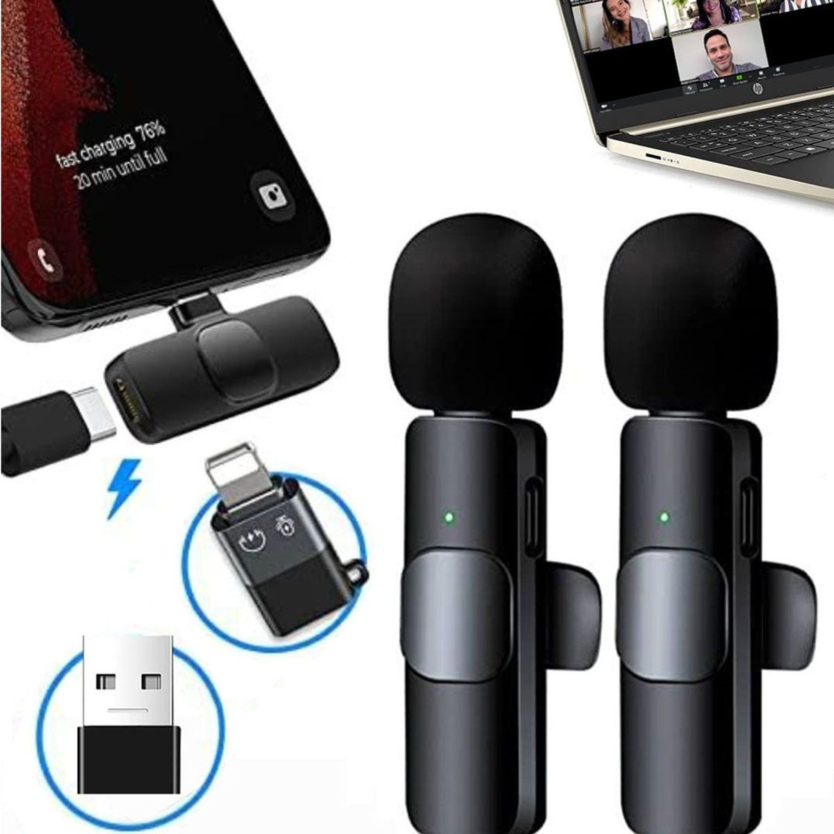 OEM - Micrófonos Inalámbricos 2 en 1 K9 Tipo C con adaptadores IOS y USB