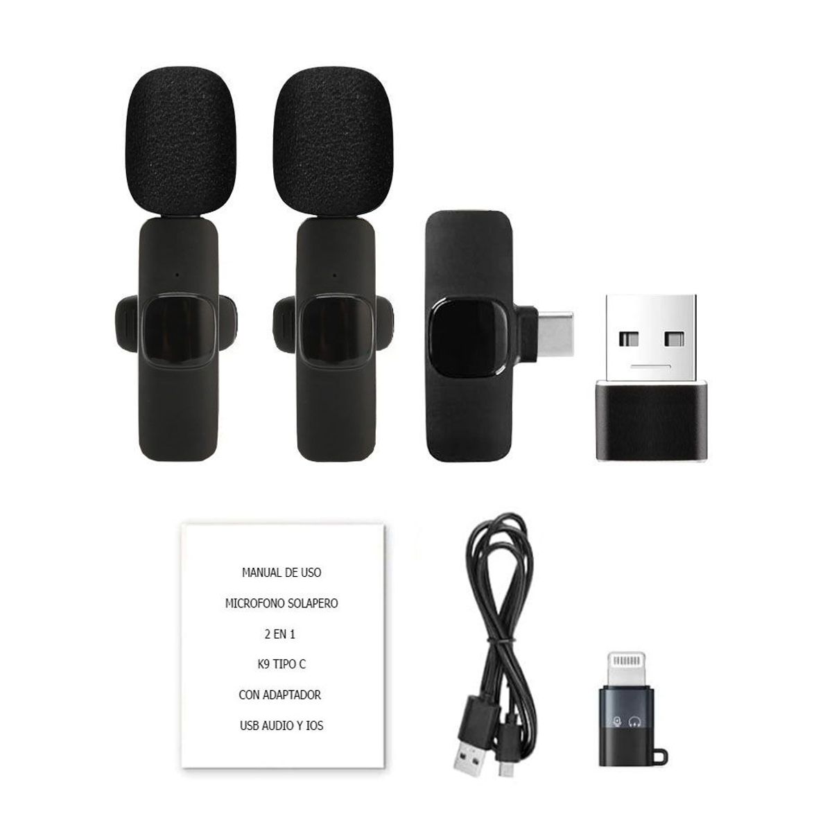 OEM - Micrófonos Inalámbricos 2 en 1 K9 Tipo C con adaptadores IOS y USB