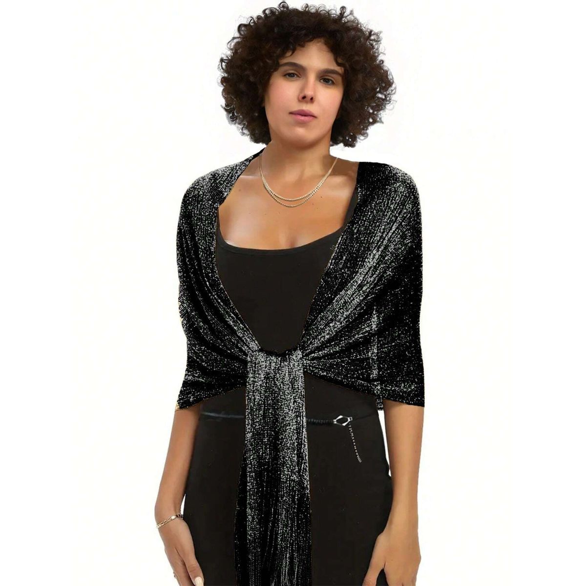 KAST PE - Chal Bufanda Alisa Clásica Negro Plateado con Flecos de Hilo