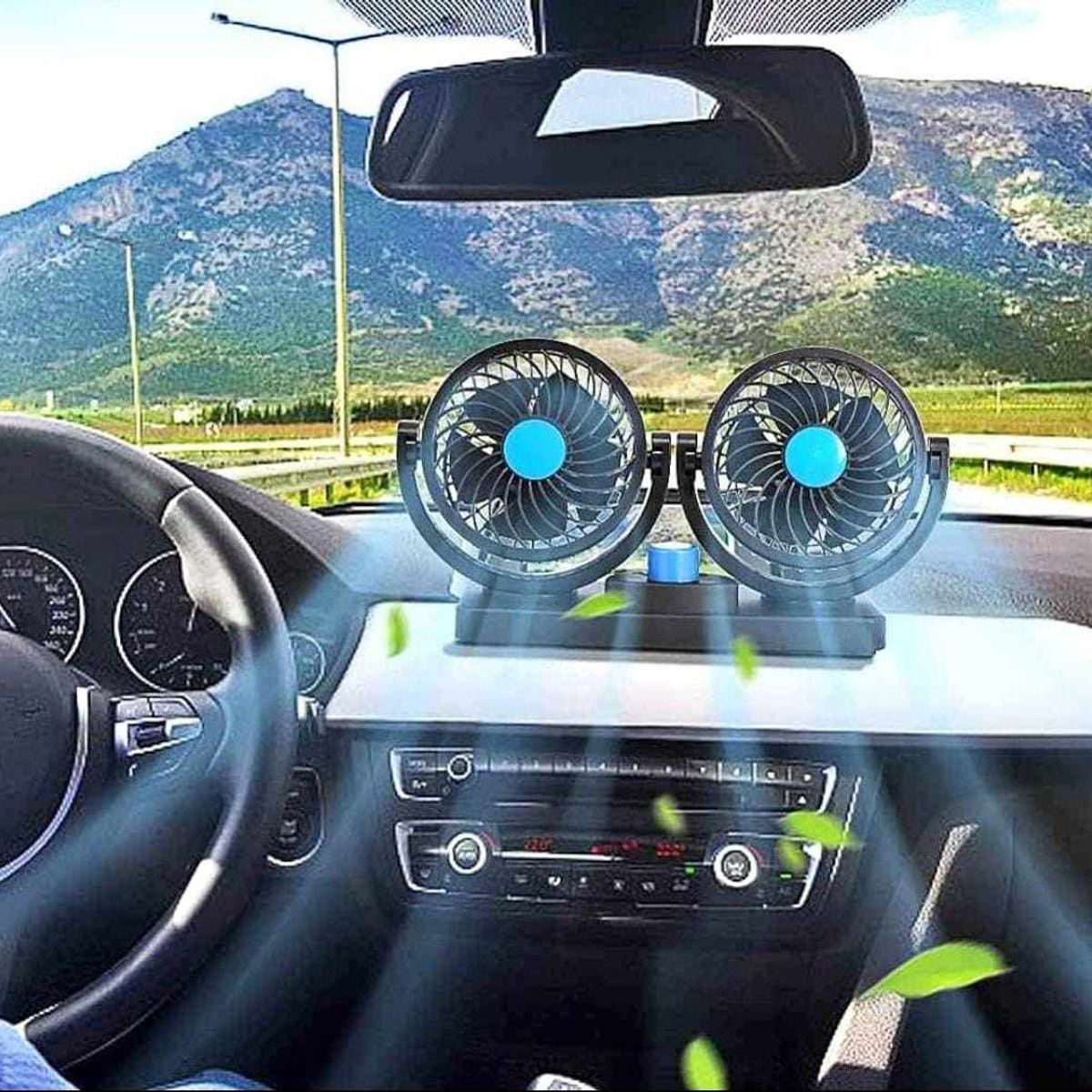 GENERICO - Ventilador Doble de Carro Giratorio 360 grados con base