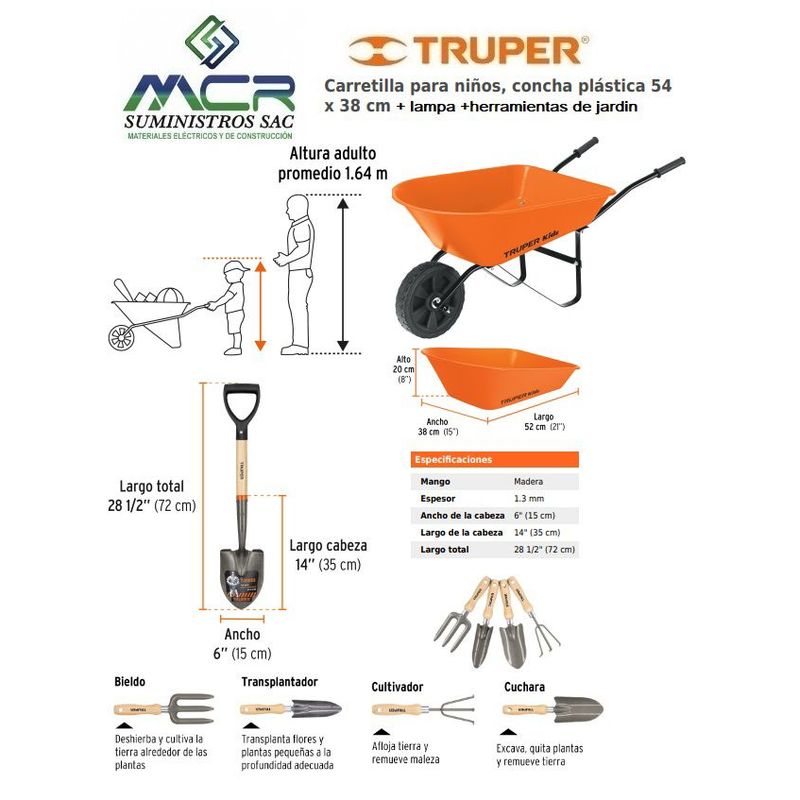 TRUPER - Carretilla para niños o jardin con lampa pequeña + herramientas truper