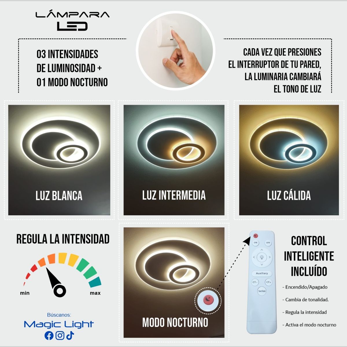 GENERICO - Lámpara Circular Led de Techo tricolor incluye control remoto