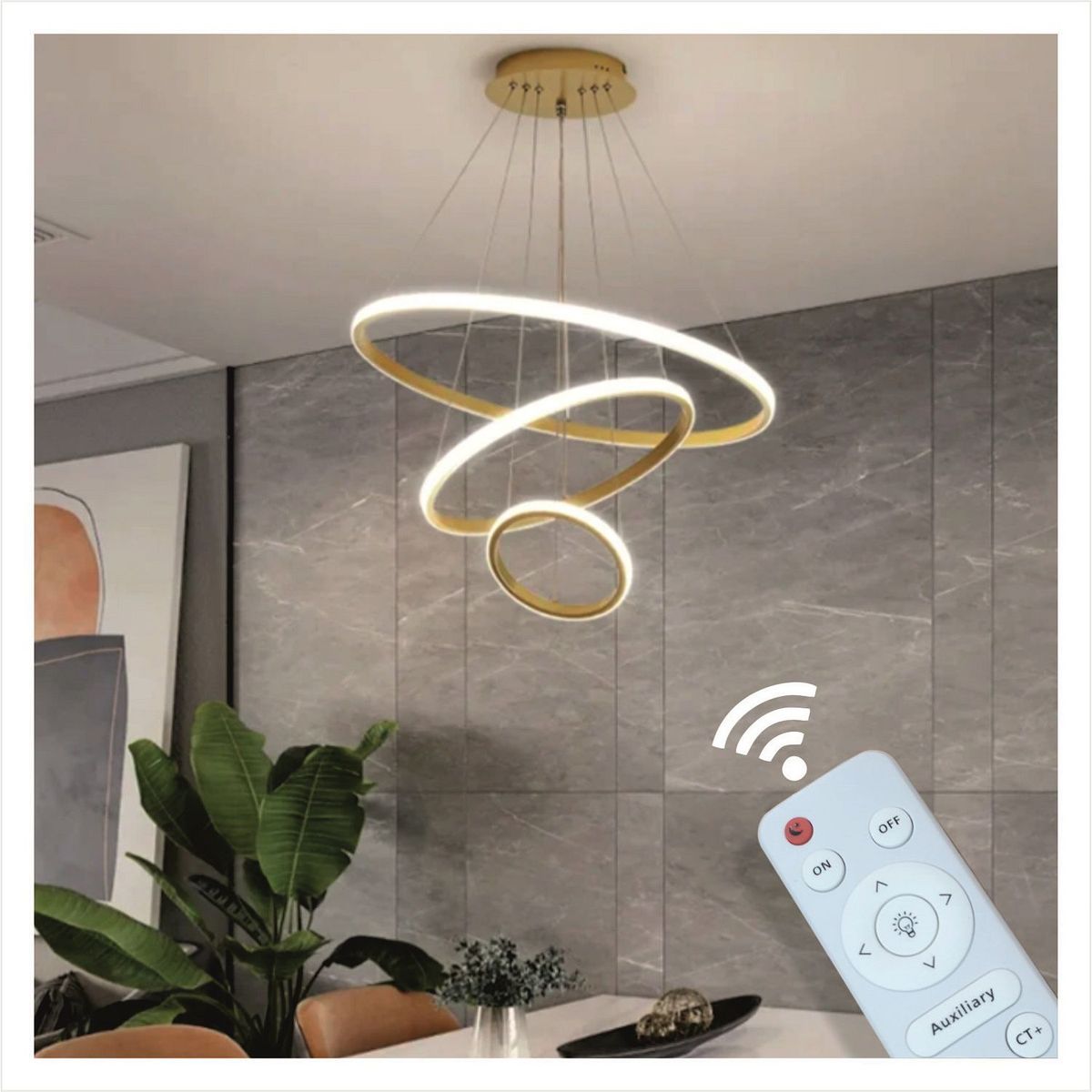 GENERICO - Lampara Colgante Led Dorado 3 Aros incluye control remoto