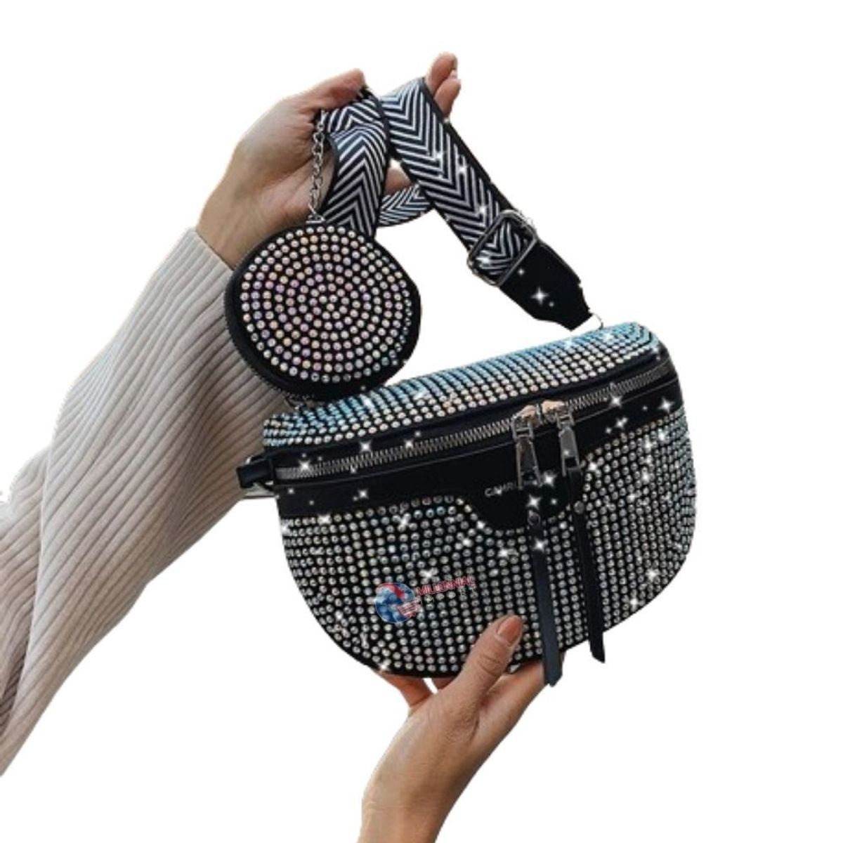 GENERICO - Riñonera Bolso de mujer en Fina Pedreria Negro