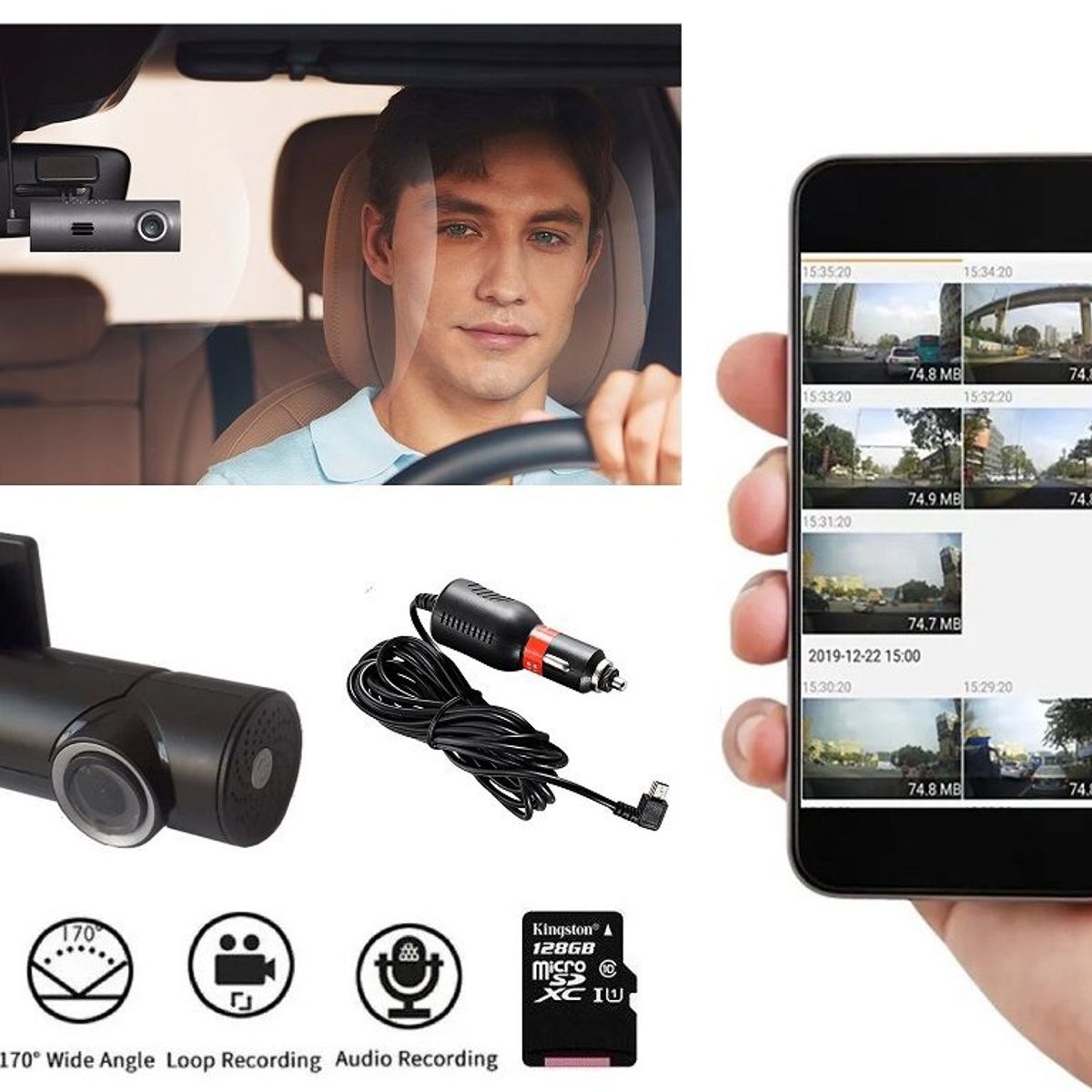 GENERICO - Cámara Dash Cam Wifi Dvr Micro SD128gb 1080p Cigarrera 12v