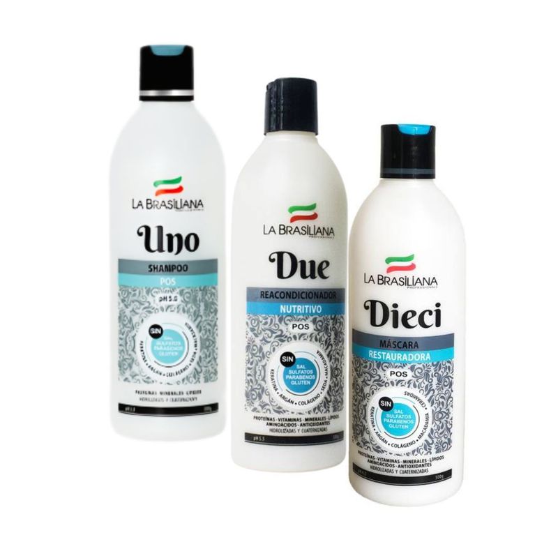 LA BRASILIANA - Shampoo Uno + Acondicionador Due + Máscara Cap Dieci Restauradora La Brasiliana 500 Ml