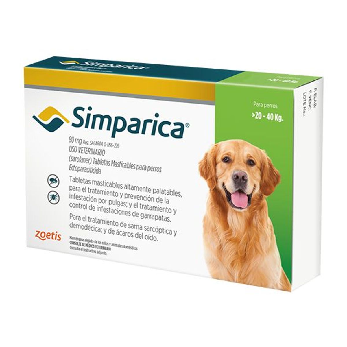 ZOETIS - SIMPARICA 80 MG X 1 TAB - PERROS DE 20 A 40 KG
