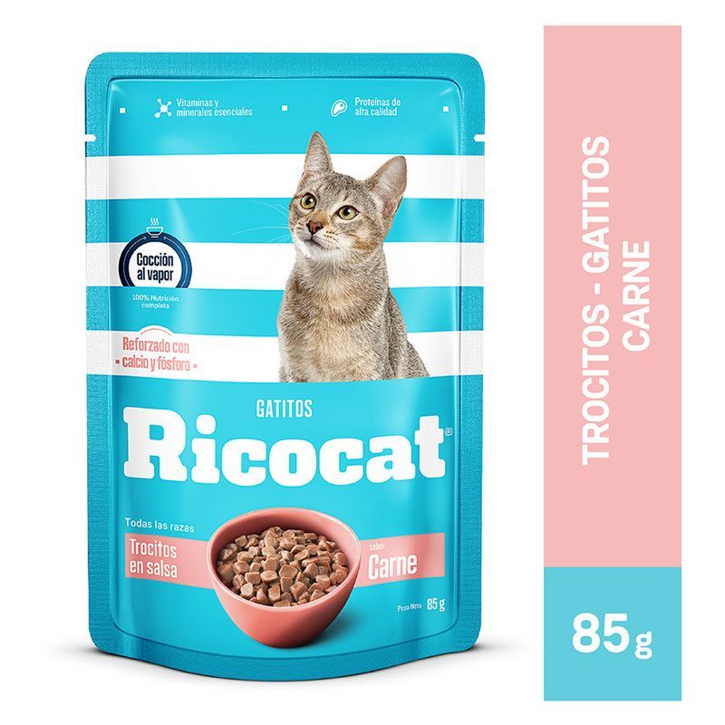 RICOCAT - RICOCAT POUCH TROCITOS CARNE PARA GATOS CACHORROS X 85 GR