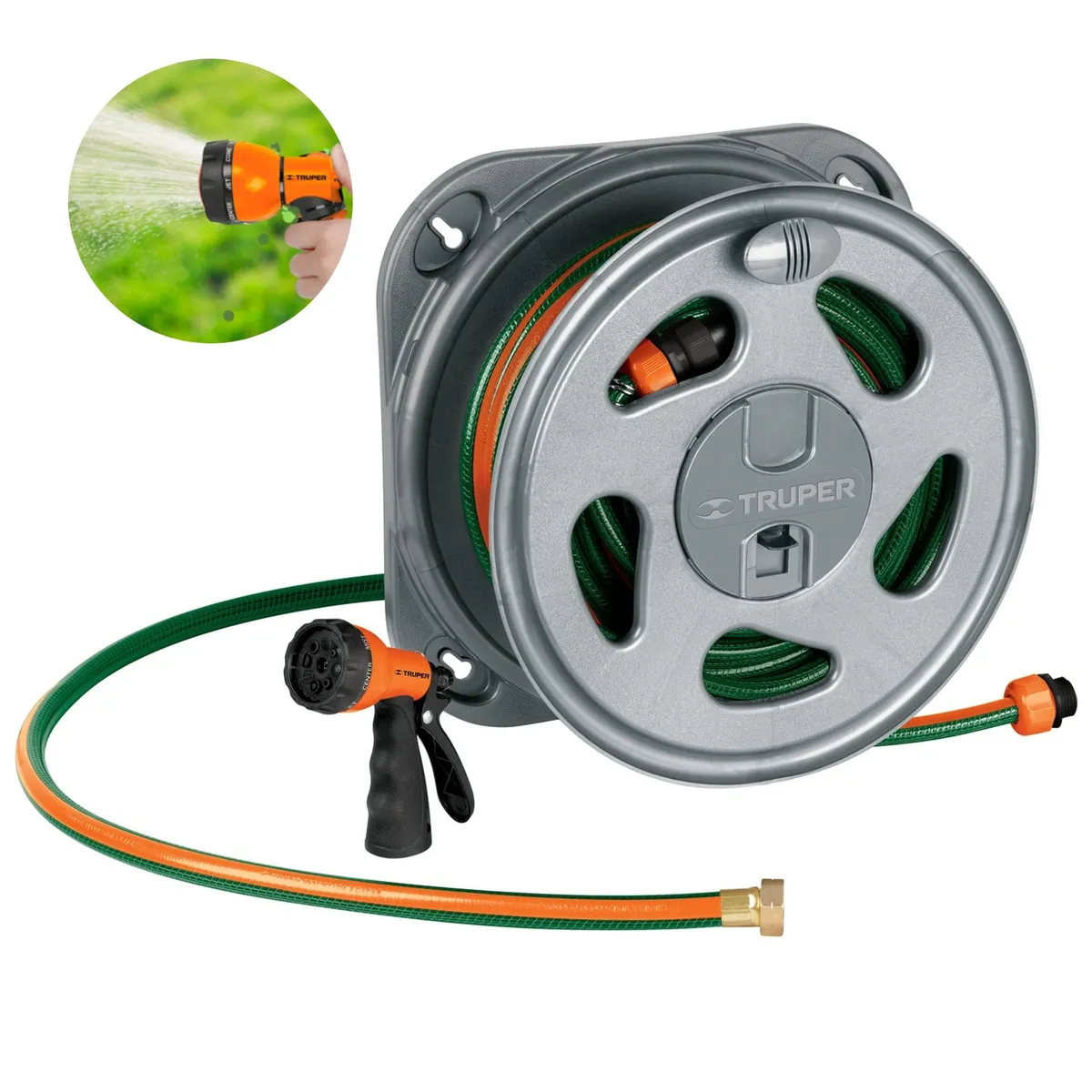 TRUPER - Combo manguera de riego 20m portamanguera giratorio pistola de riego