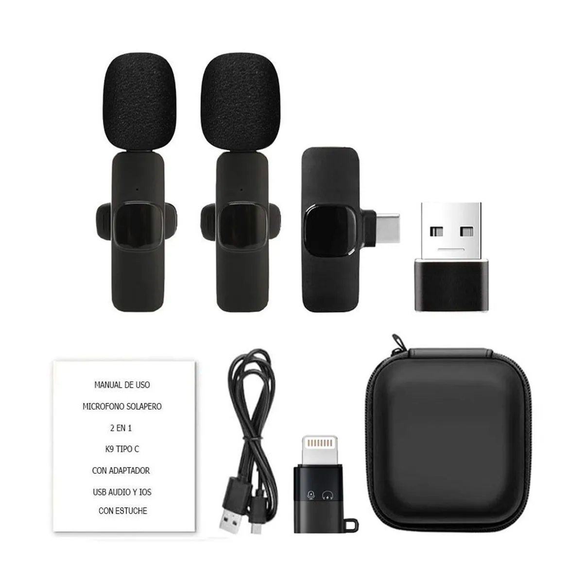 OEM - Micrófonos Inalámbricos 2 en 1 K9 Tipo C con adaptadores IOS, USB  y estuche