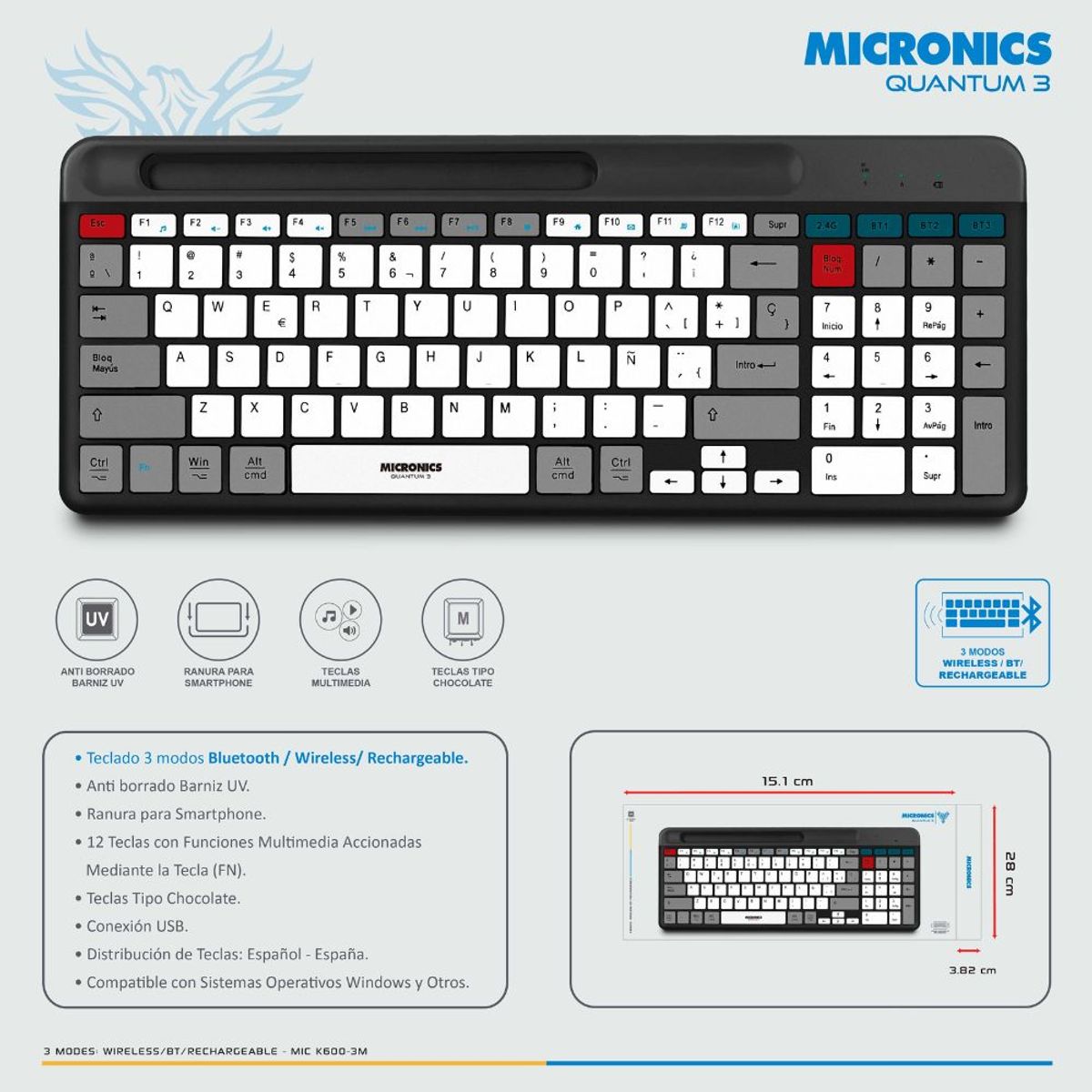 MICRONICS - TECLADO MICRONICS BLUETOOTH INALAMBRICO RECARGABLE ESPAÑOL K600-3M