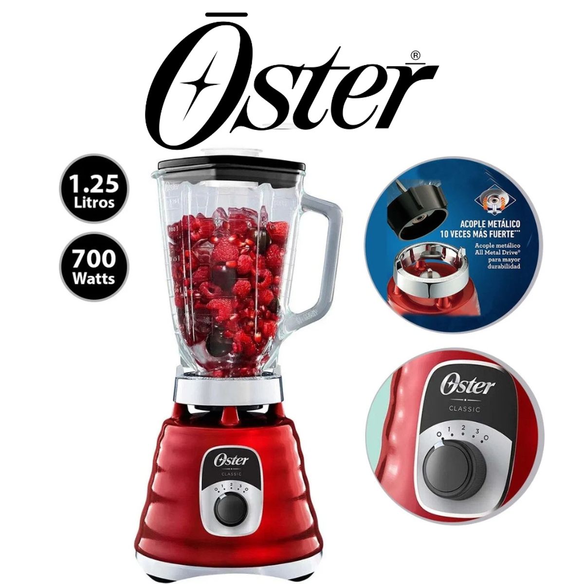 OSTER - LICUADORA CLÁSICA OSTER 1.25LT 3 VELOCIDADES COLOR ROJO