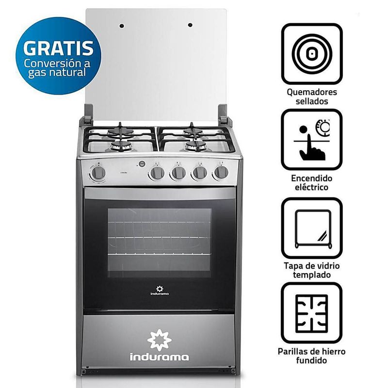 INDURAMA - Cocina a Gas de 4 Hornillas con Horno Indurama Coruña QZ