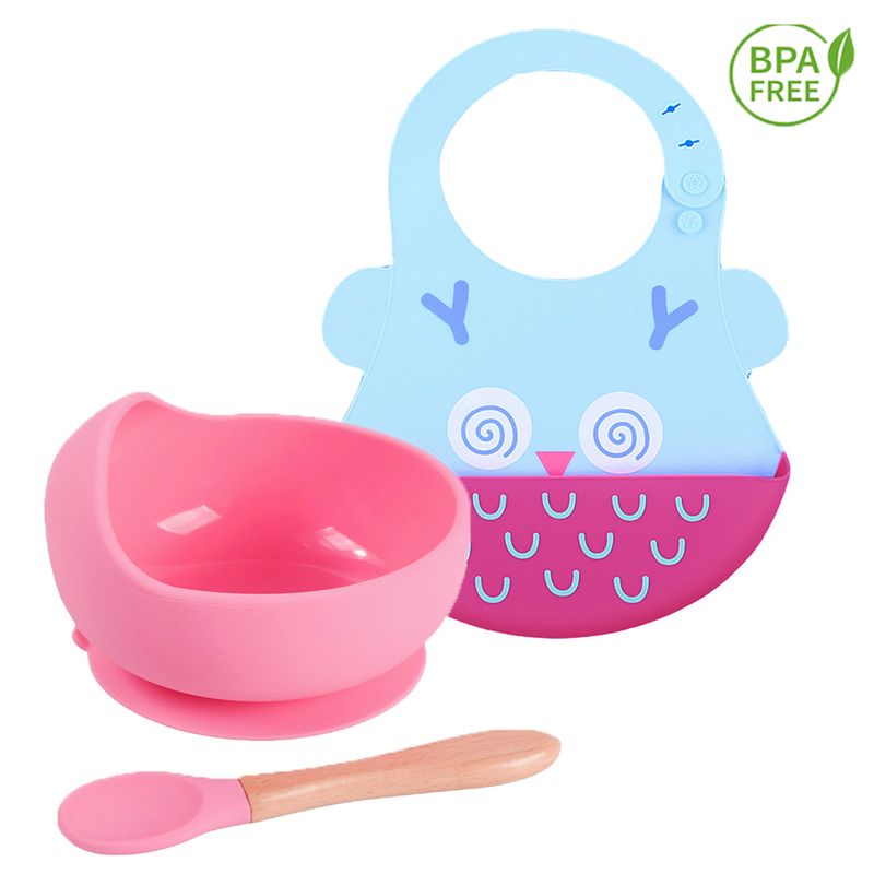 GENERICO - Pack Babero Buho con Cuenco rosa con cuchara para bebe