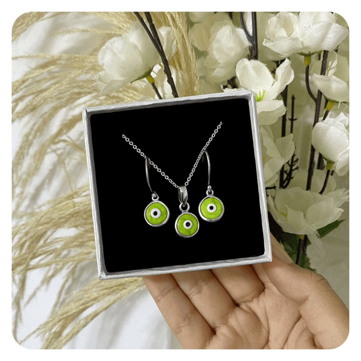 GENERICO - Set Pack Aretes Collar Ojo Turco Verde Protección en Plata