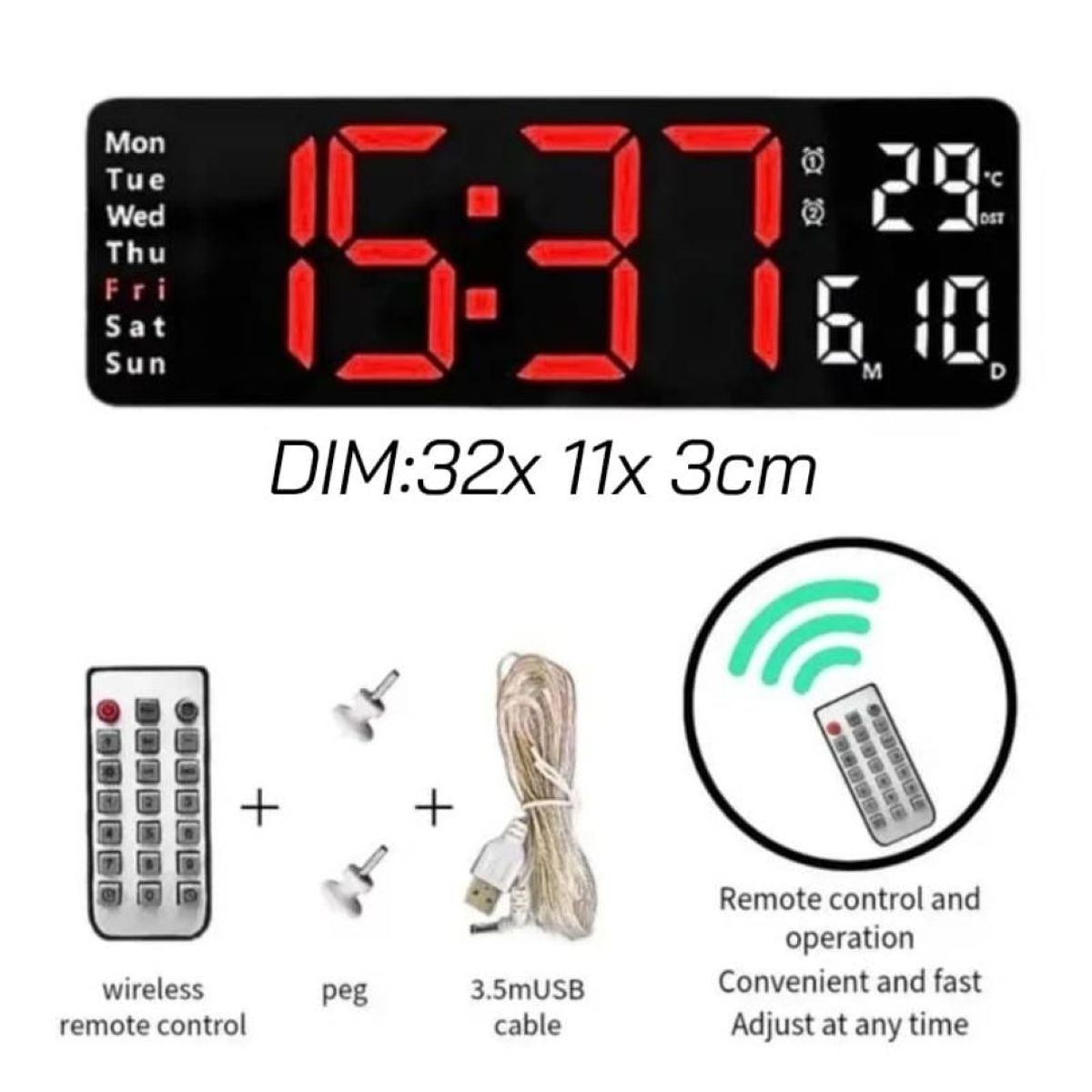 GENERICO - Reloj de Pared Digital Led con Control Remoto