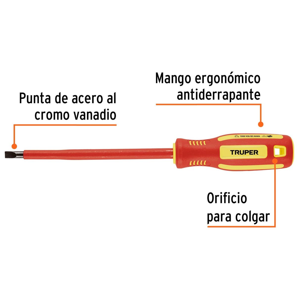 TRUPER - Desarmador dieléctrico plano 1000 Voltios, 1/4" x 6", Truper