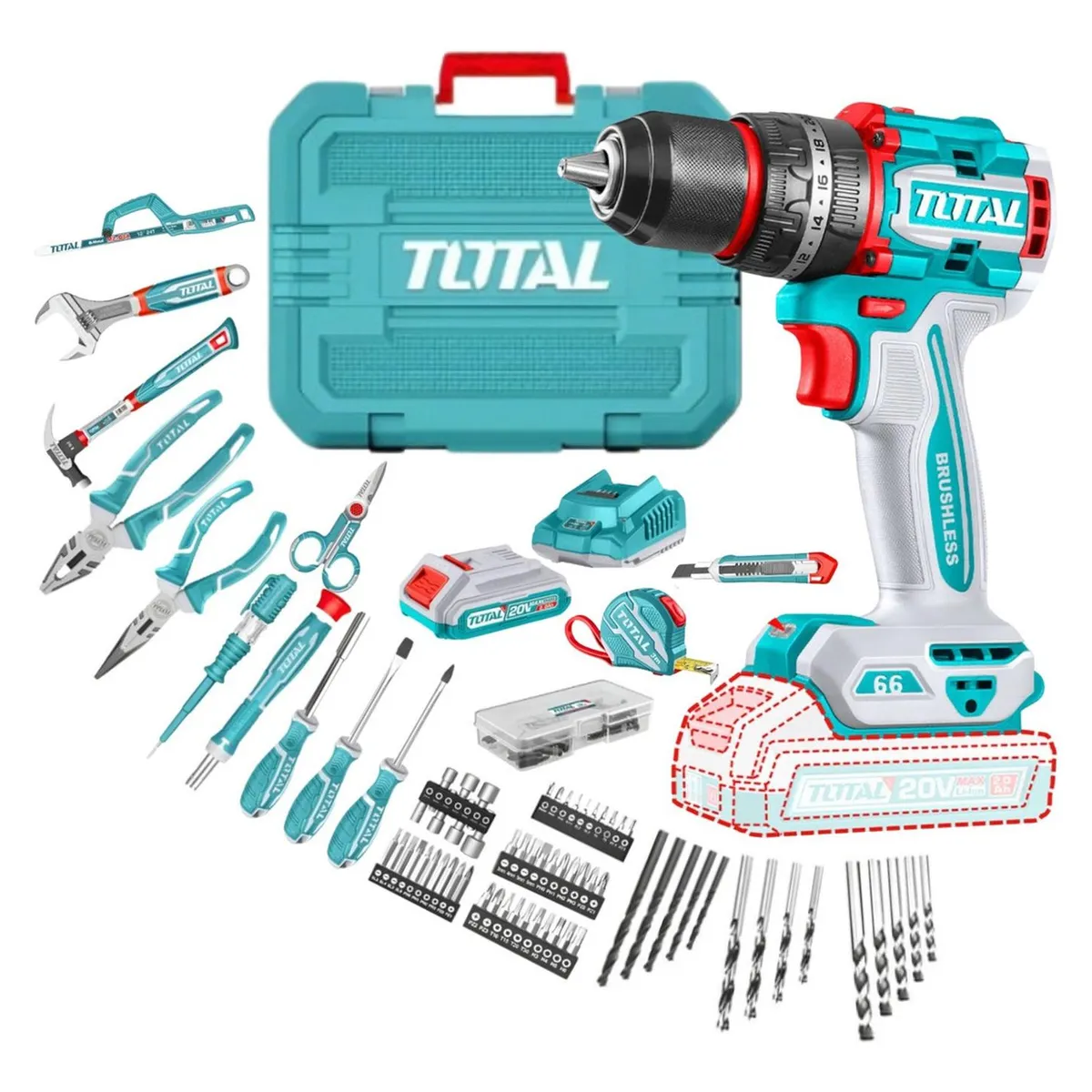 TOTAL TOOLS - Taladro Percutor 66nm 20v + 165 herramientas Total