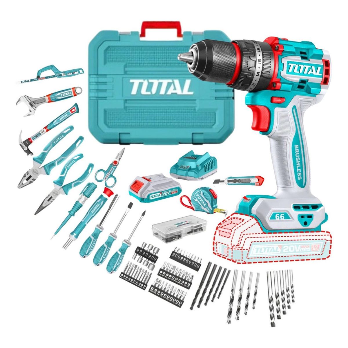 TOTAL TOOLS - Taladro Percutor 66nm 20v + 165 herramientas Total