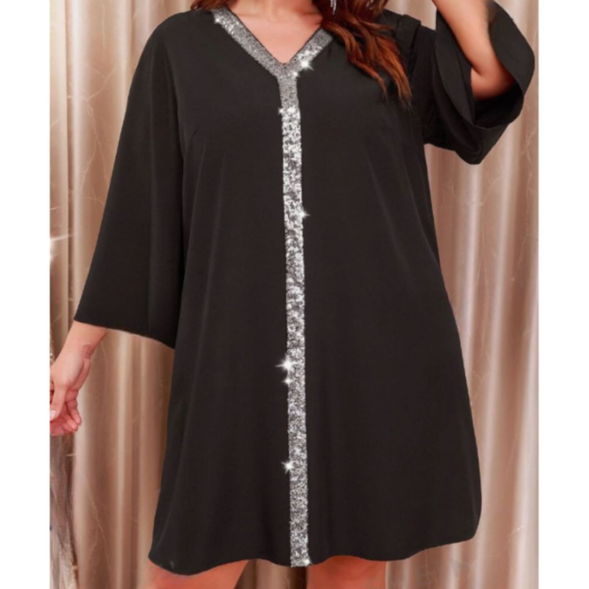 KAST PE - Vestido Mar manga ancha con brillo plateado talla L - Negro