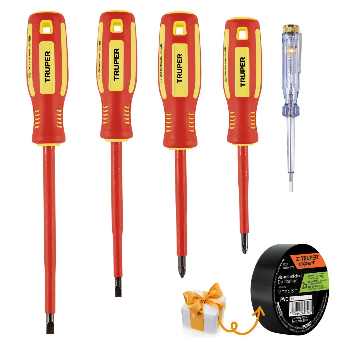 TRUPER - Desarmadores dieléctricos 1000V 4 unidades, probador de corriente