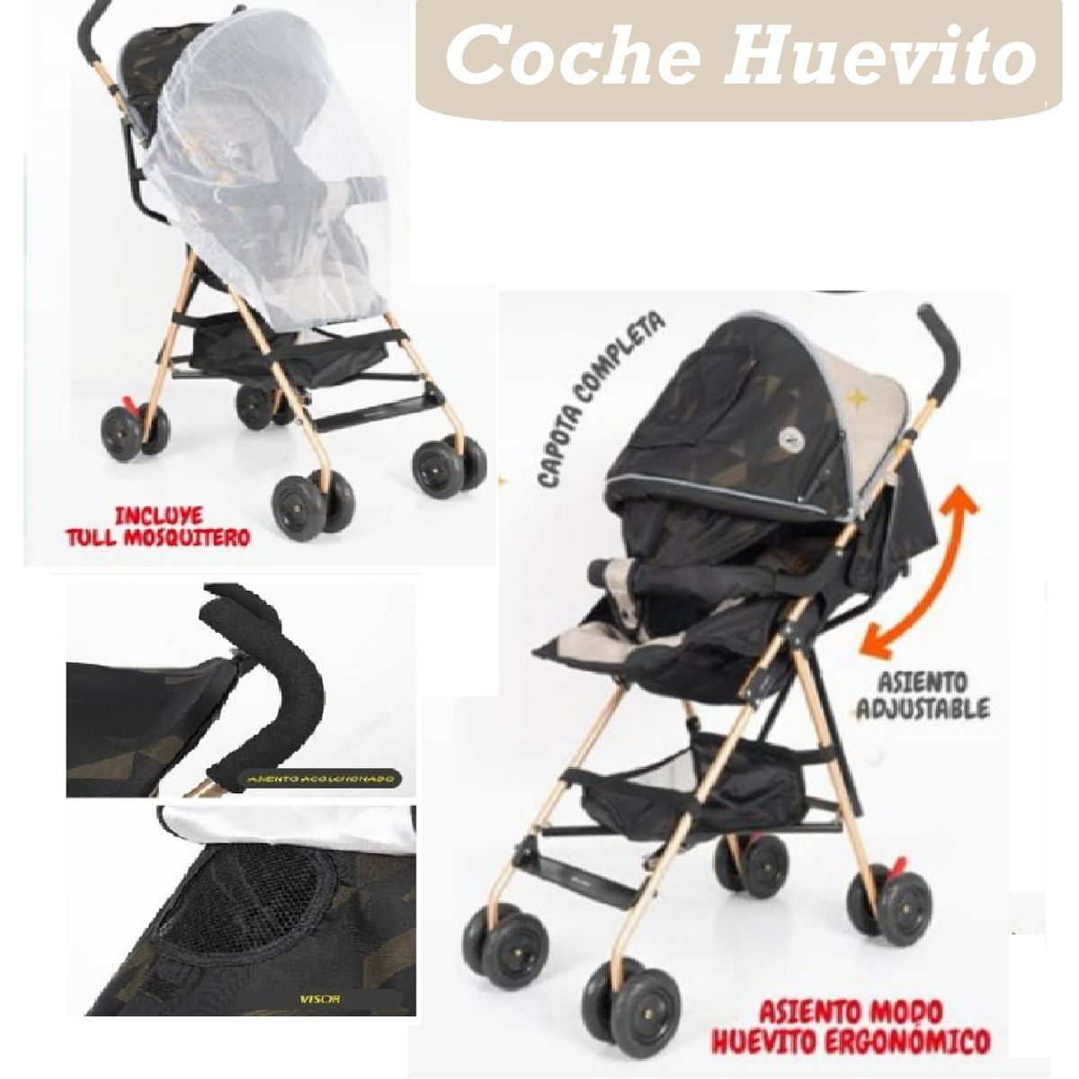 BABY HAPPY - Coche Baston Huevito Asiento Ajustable- Negro