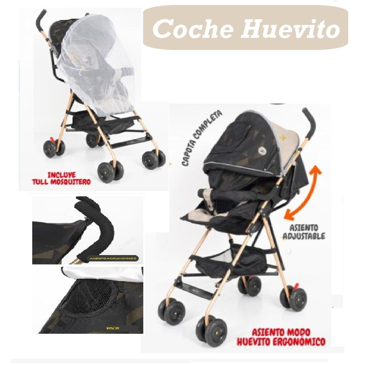 BABY HAPPY - Coche Baston Huevito Asiento Ajustable- Negro