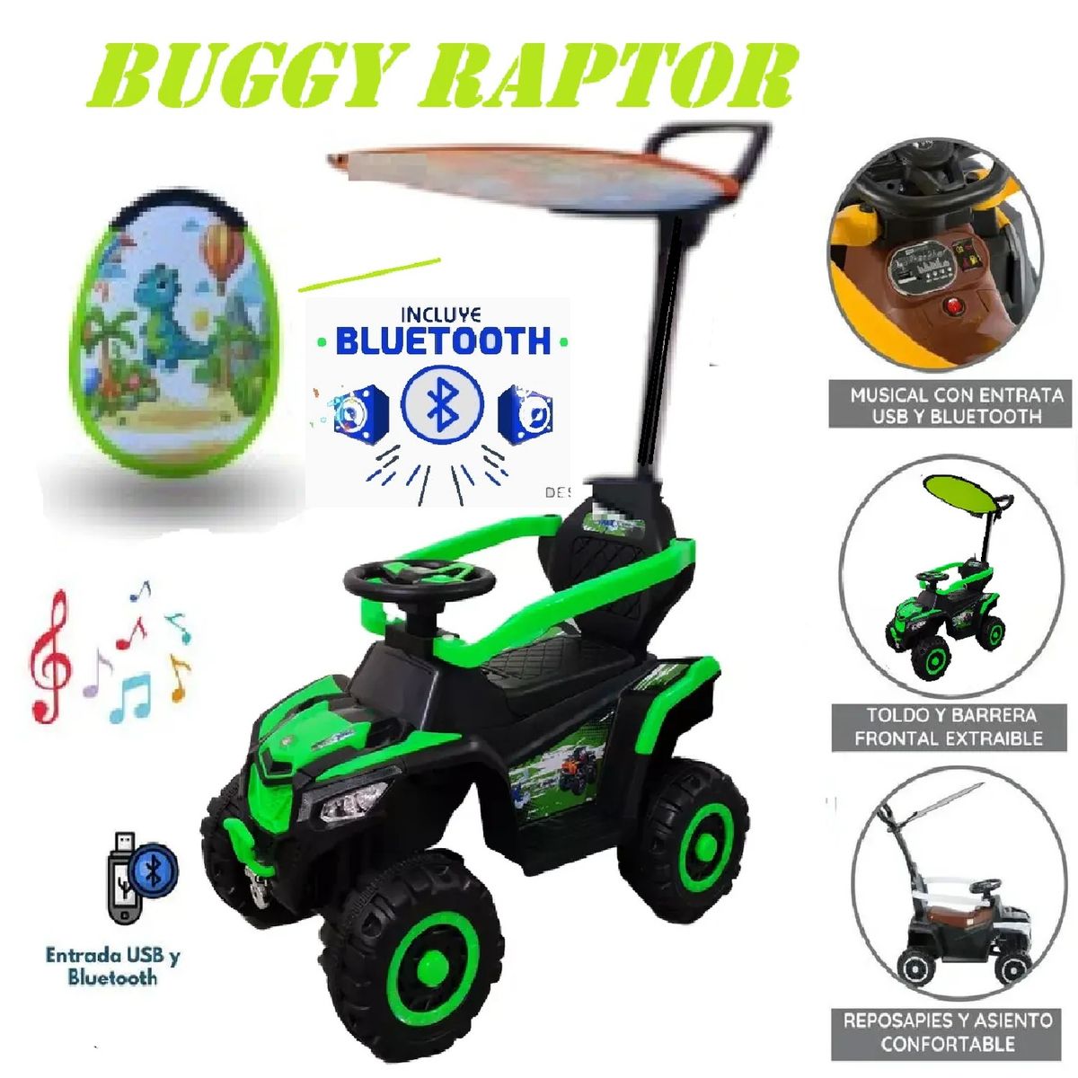 GENERICO - Bugui Raptor Bluetooth Musical y Luces con empujador-Ver