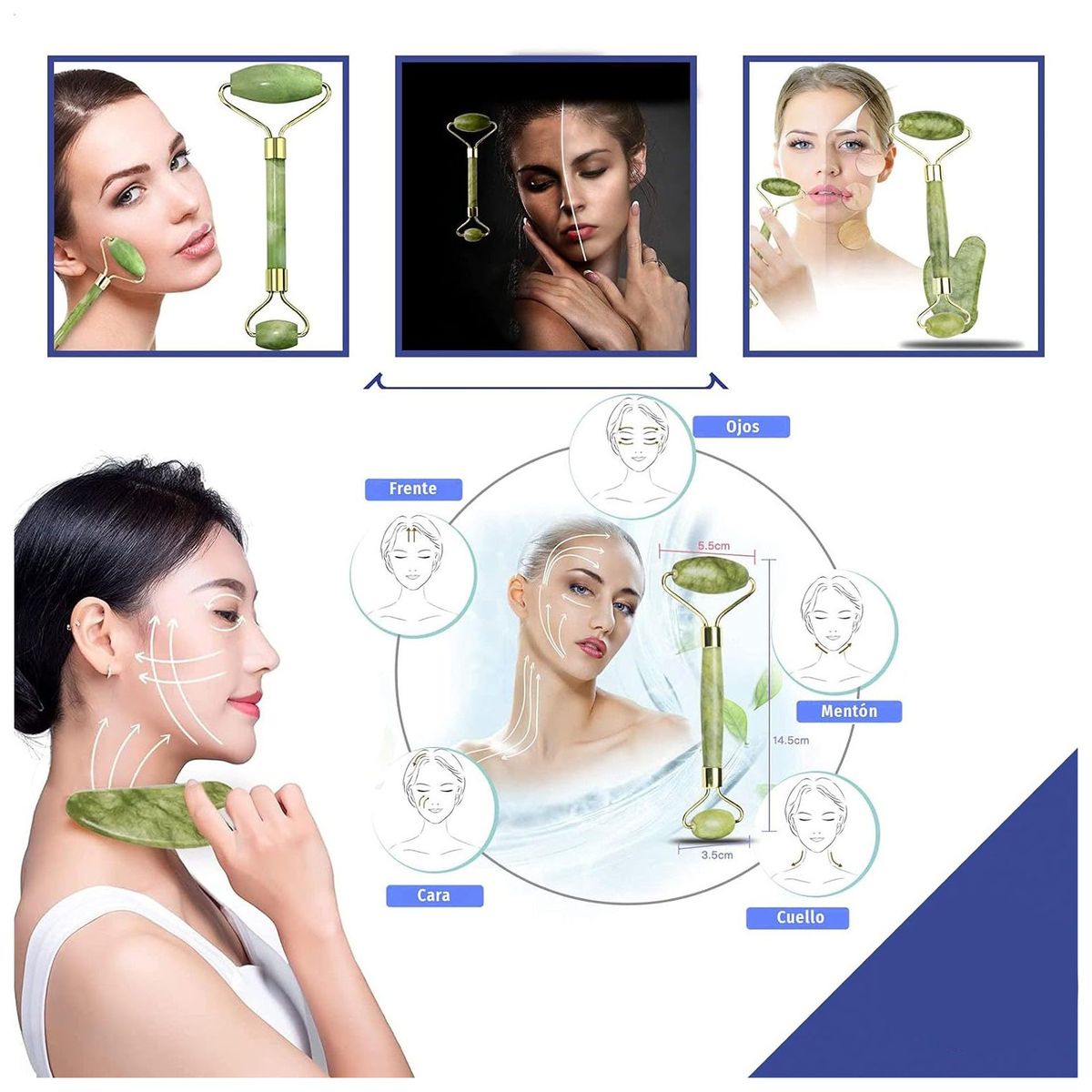 GENERICO - Rodillo Masajeador y Guasha Facial de JADE Anti Envejecimiento
