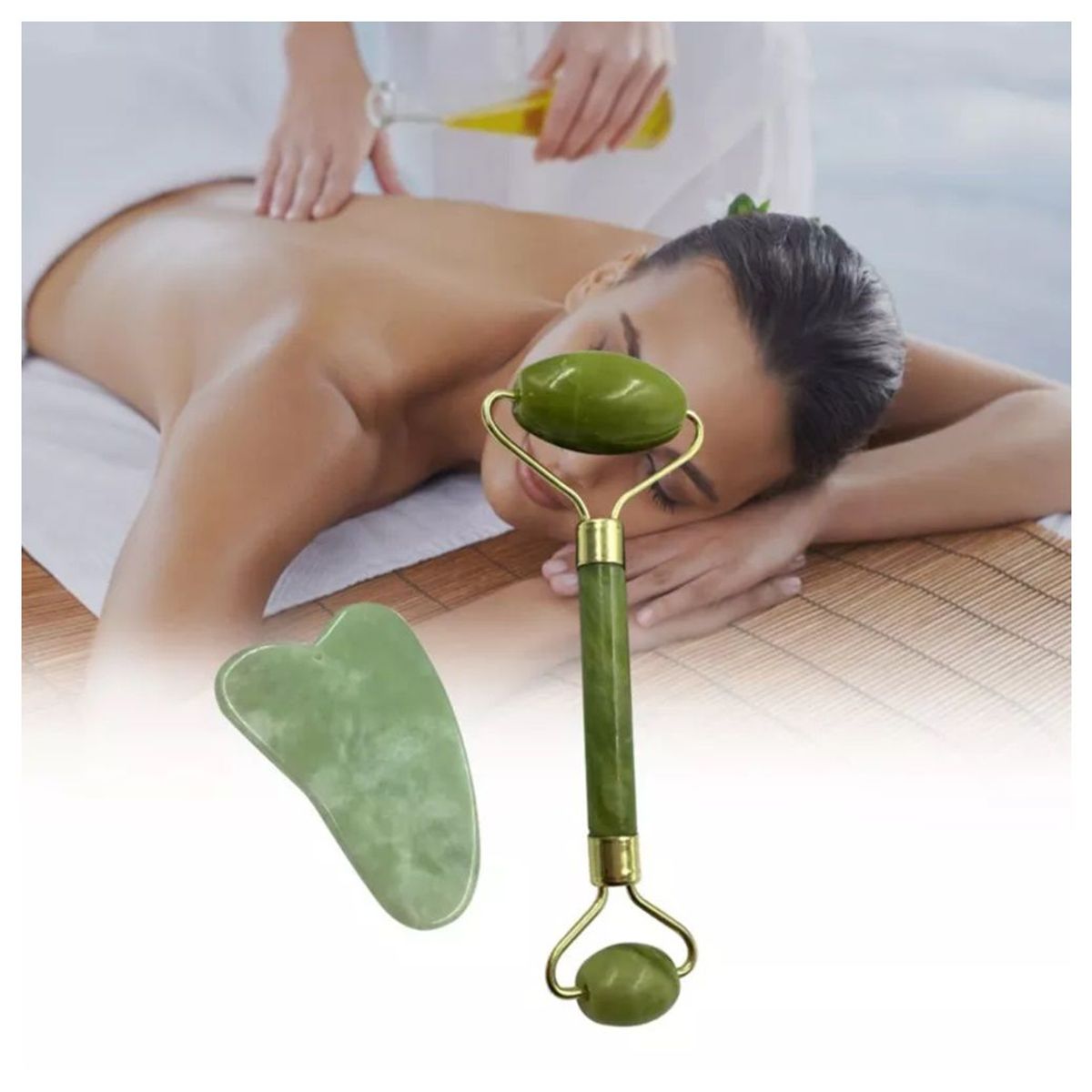 GENERICO - Masajeador Facial de JADE 3 en 1 Roller y Guasha para Cara y Cuerpo