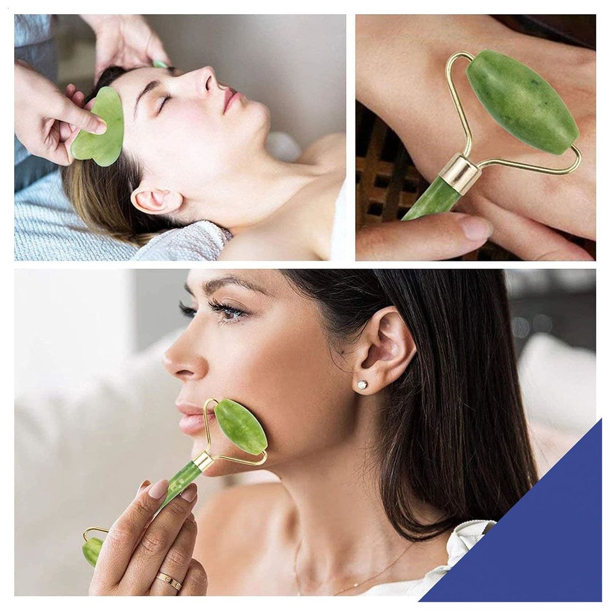 GENERICO - Masajeador Facial de JADE 3 en 1 Roller y Guasha para Cara y Cuerpo