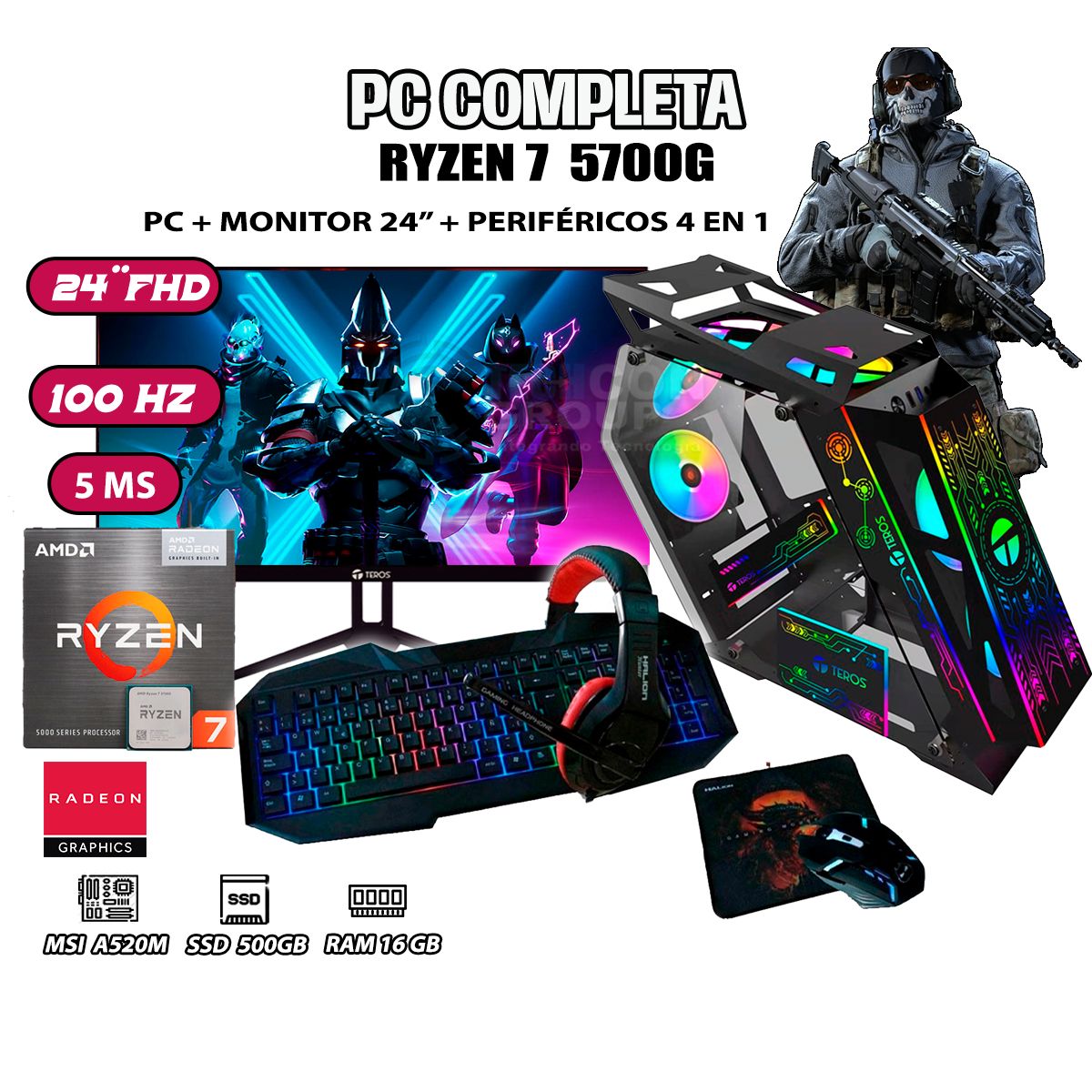 AMD - Computadora PC GAMER Ryzen 7 5700G RAM 16GB SSD 500GB MONITOR 24" FULL HD