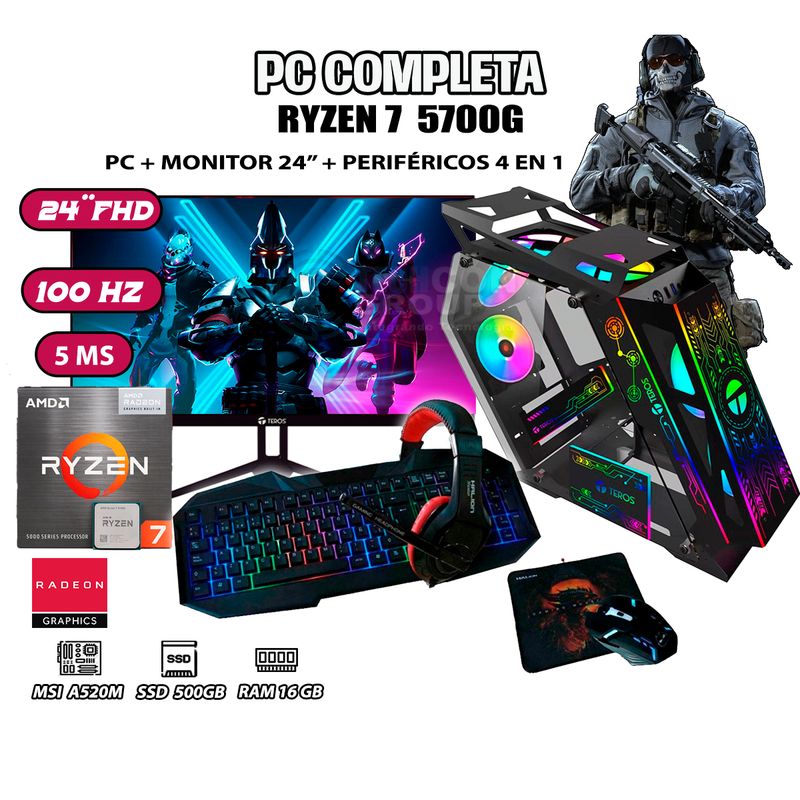 AMD - Computadora PC GAMER Ryzen 7 5700G RAM 16GB SSD 500GB MONITOR 24" FULL HD