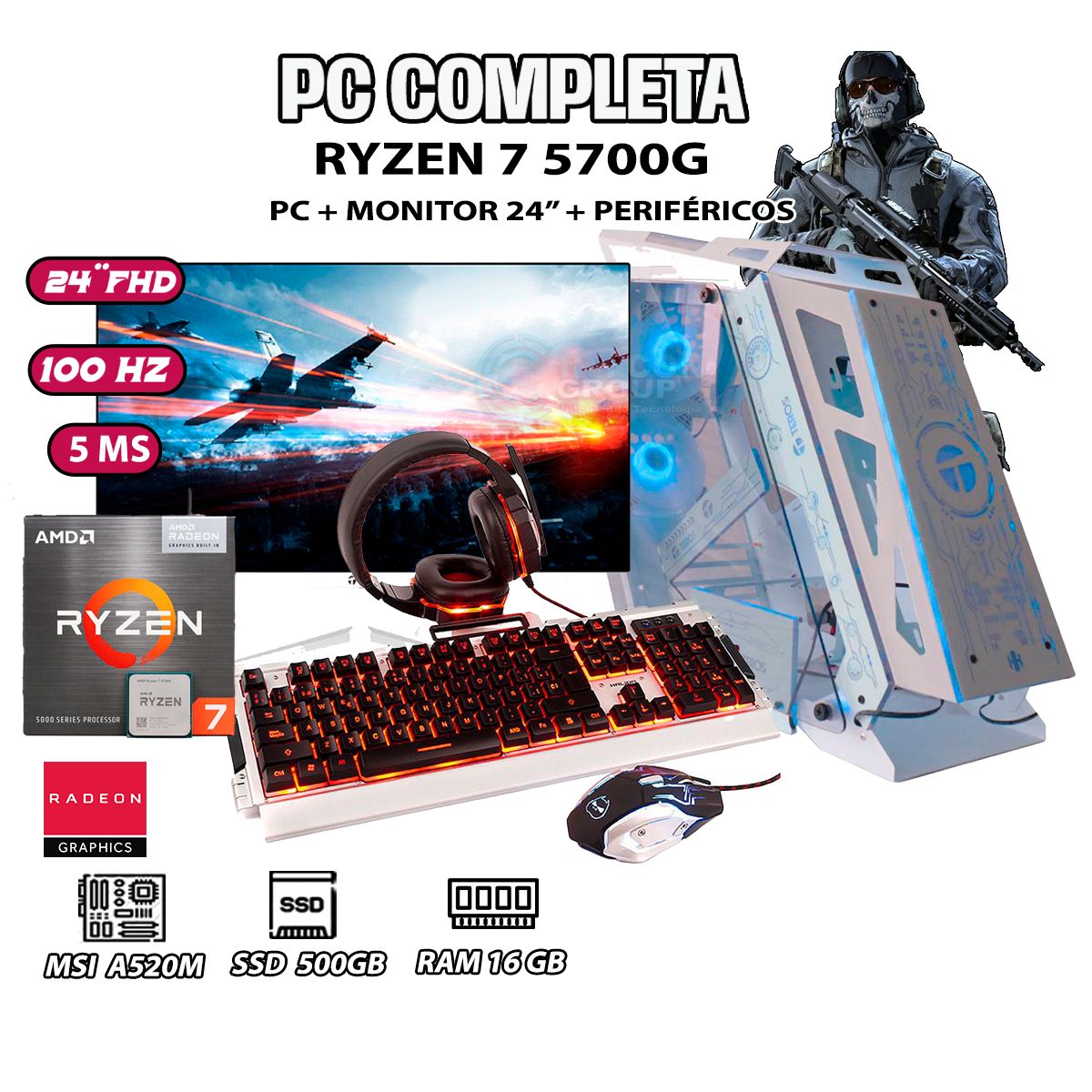 AMD - Computadora PC GAMER Ryzen 7 5700G RAM 16GB SSD 500GB MONITOR 24" Full HD