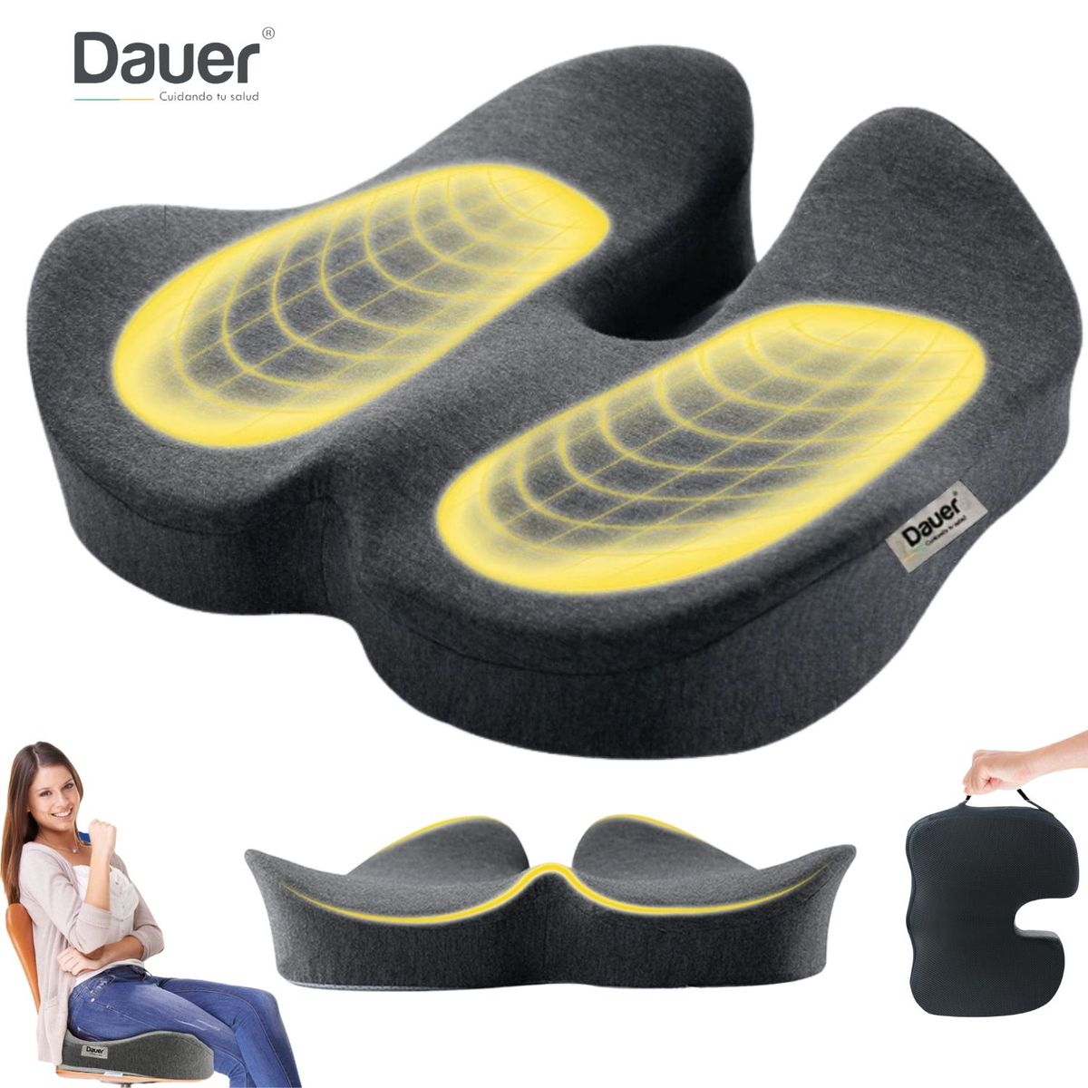 DAUER - Asiento Cojín 3D Ergonómico Bambu Mejora laPostura forro suave y asa