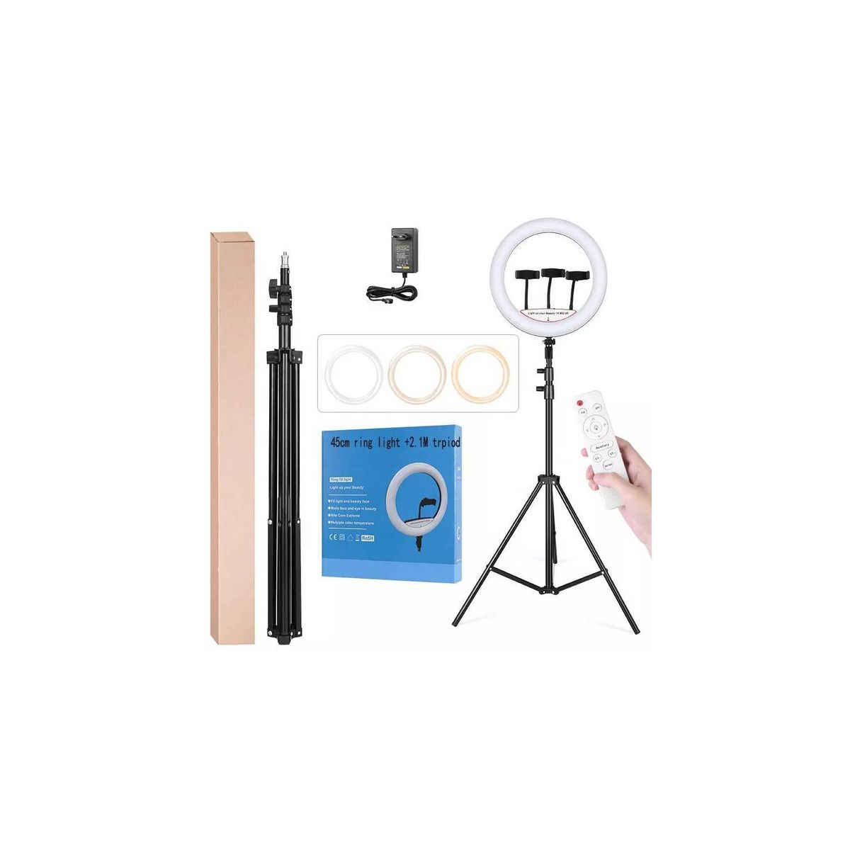 GENERICO - ARO LUZ LED TOUCH DE 45 CM + CONTROL+ TRIPODE PARA 3 CELULARES