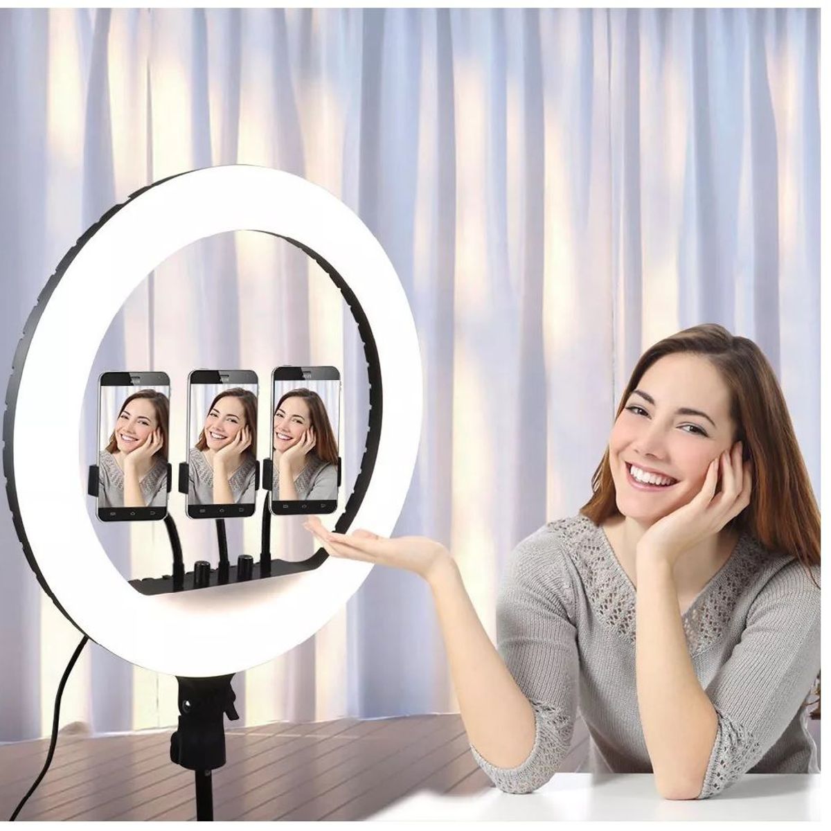 GENERICO - ARO LUZ LED TOUCH DE 45 CM + CONTROL+ TRIPODE PARA 3 CELULARES