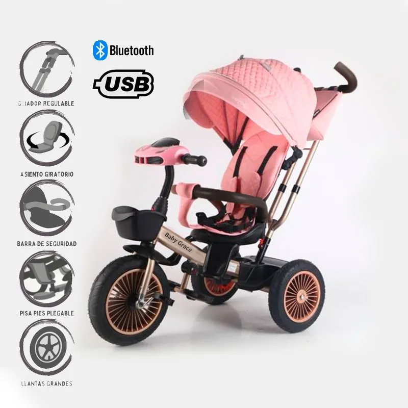 BABY GRACE - TRICICLO Giratorio 360° USB Bluetooth Tela UV ROSADO