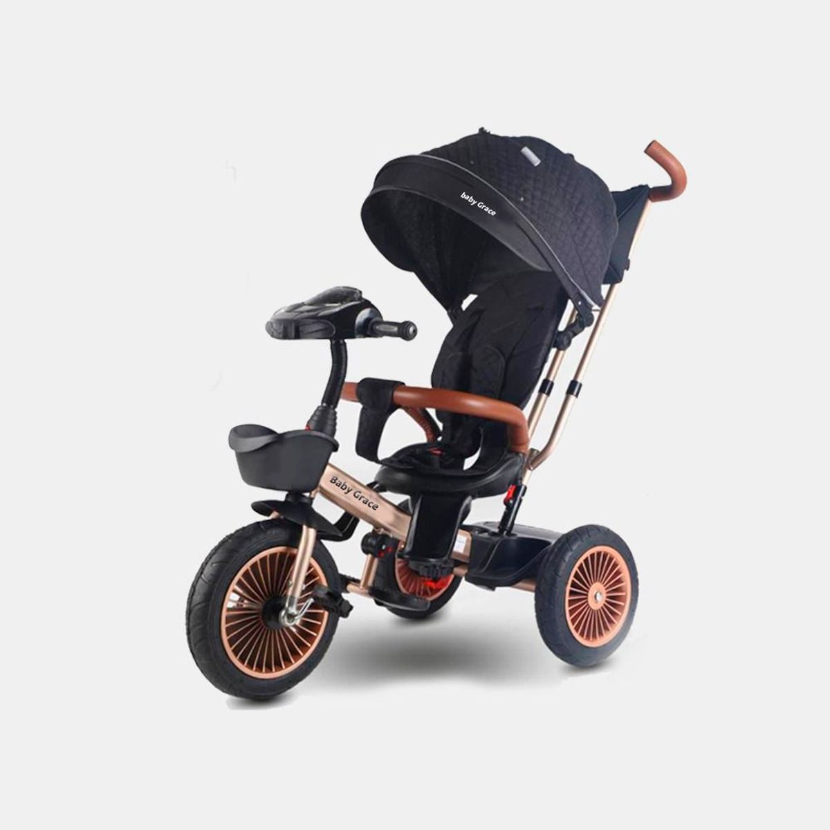 BABY GRACE - TRICICLO Giratorio 360° USB Bluetooth Tela UV NEGRO