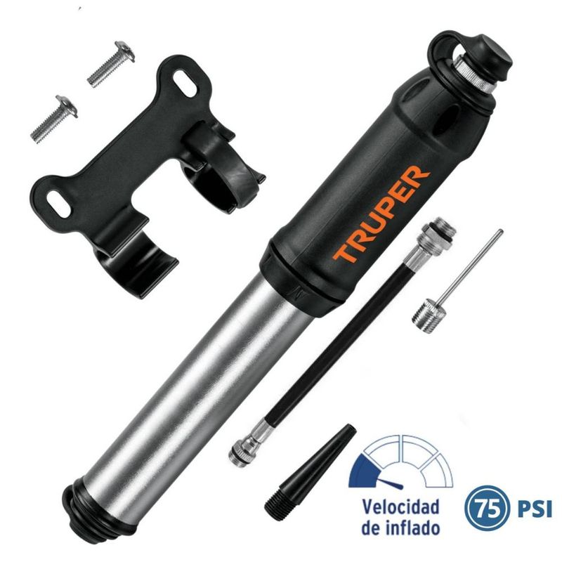 TRUPER - Mini inflador manual para bicicleta de 75 psi, Truper