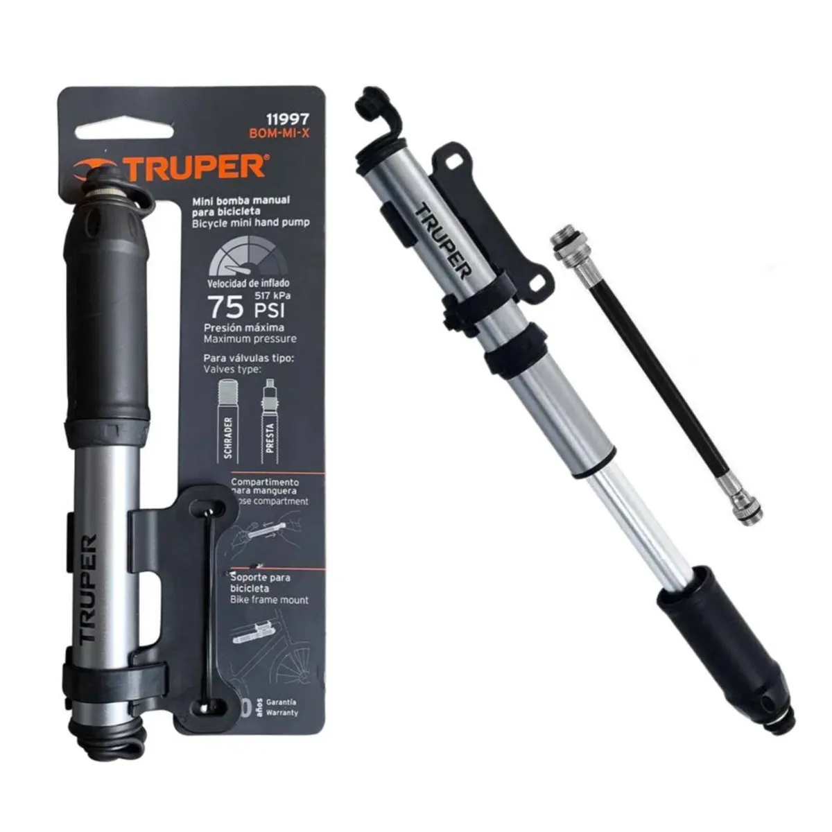 TRUPER - Mini inflador manual para bicicleta de 75 psi