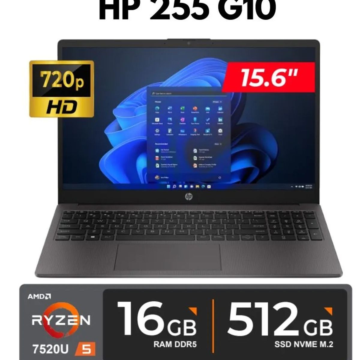 HP 255 G10 RYZEN 5-7520U 16GB DDR5 512GB SSD 15.6 HD FREE DOS, marca HP - Foto Principal