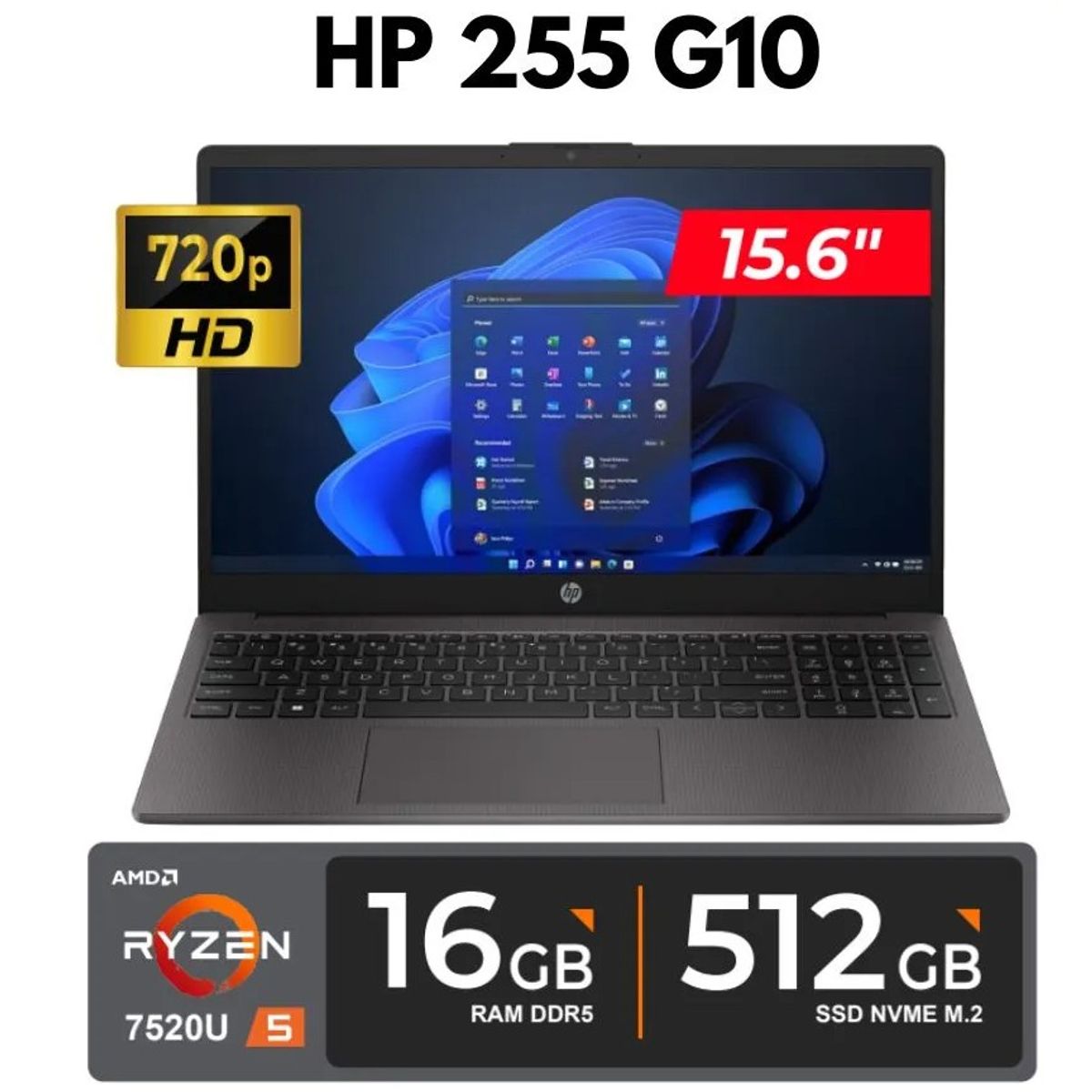 HP 255 G10 RYZEN 5-7520U 16GB DDR5 512GB SSD 15.6 HD FREE DOS, marca HP - Foto Principal