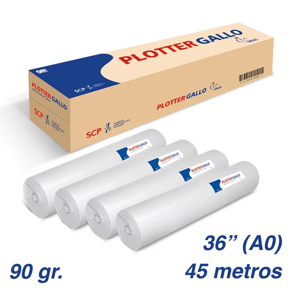 GALLO - ROLLO PAPEL PLOTTER BOND GALLO 90 GR 36" X 45 MTS A0 (Caja 4 rollos)
