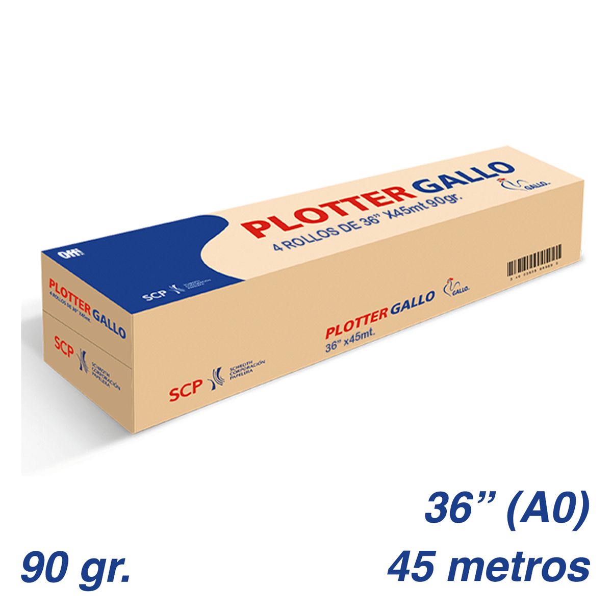 GALLO - ROLLO PAPEL PLOTTER BOND GALLO 90 GR 36" X 45 MTS A0 (Caja 4 rollos)