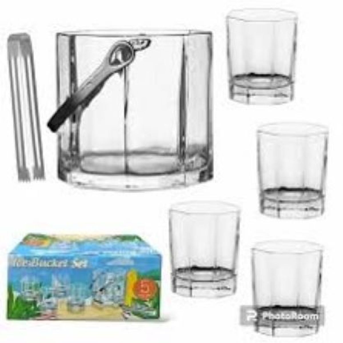GENERICO - Set de Hielera de vidrio mas 4 Vasos Octogonales