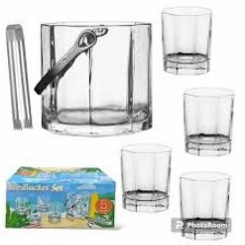 GENERICO - Set de Hielera de vidrio mas 4 Vasos Octogonales